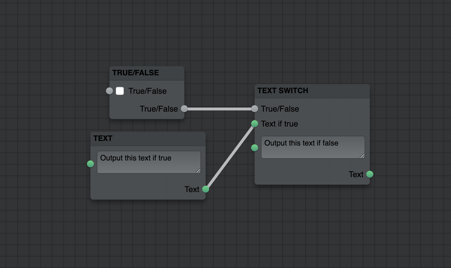 A flume grid showing a true/false node and a text node connected successfully to a text switch node.